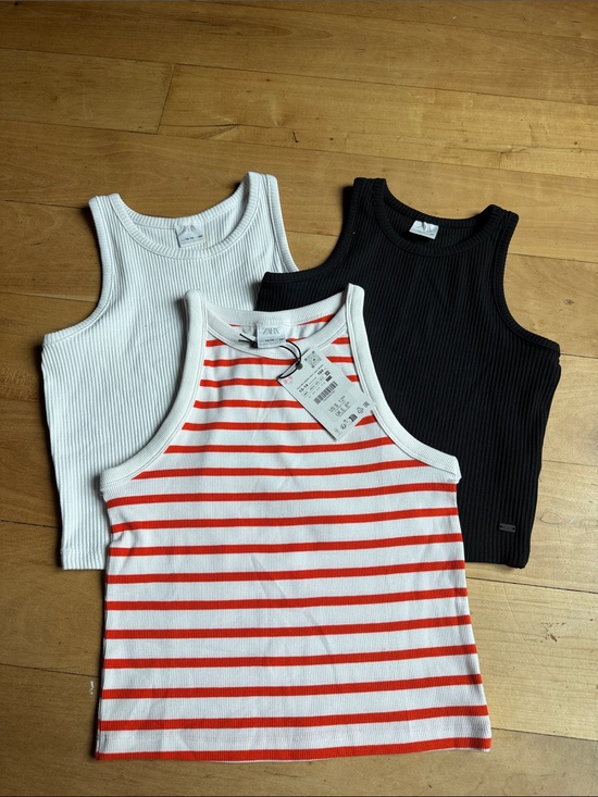 Zara Tops - Zara Ribbed Tank Tops 3 in 1- White, Black & Red Stripe